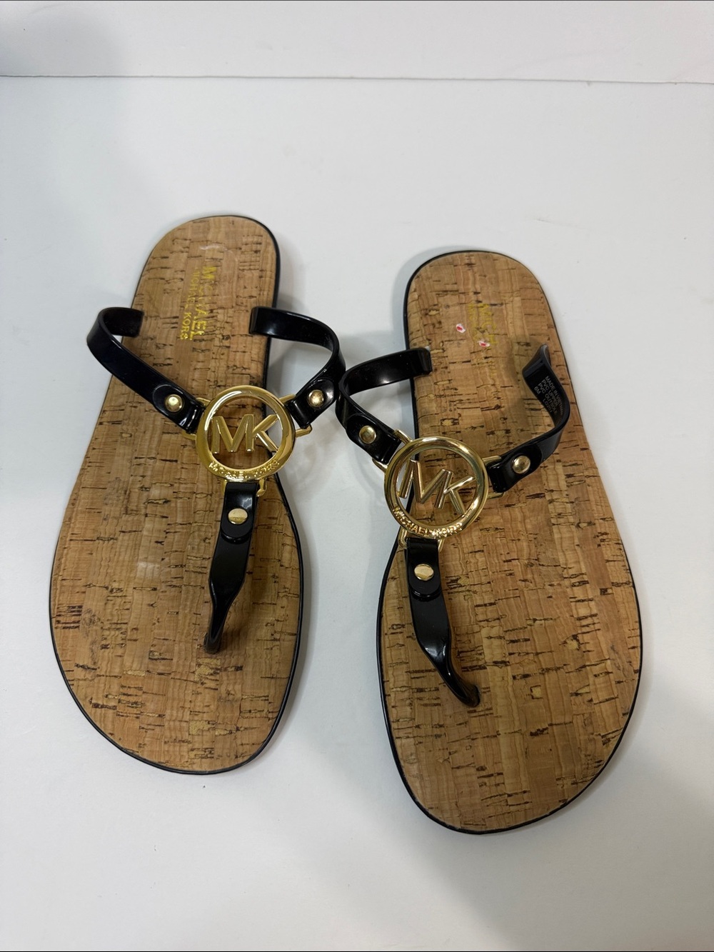 Michael Kors Black Patent Thong Sandals with Gold MK Logo